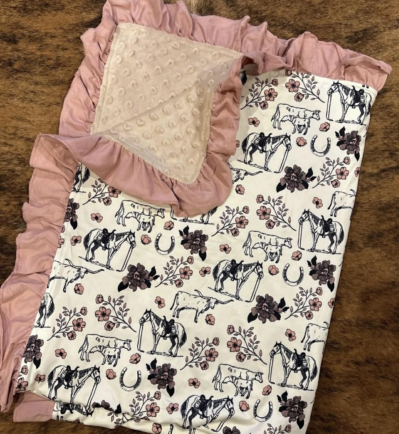 (Custom Design Preorder MOQ 5)  Horse Cows Flowers Print Baby Girls Western Pink Minky Blanket
