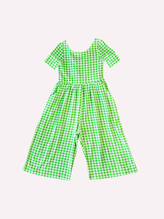 (Custom Design Preorder MOQ 5) Green Plaid Print Pockets Girls Swoop Back Short Sleeve Leggy Jumpsuits