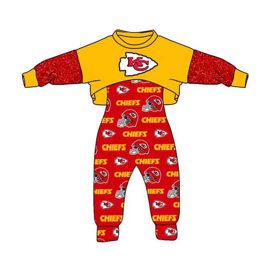 (Custom Design Preorder MOQ 5) Team's CHIEFS Print Jumpsuits Girls Fall Clothes Set