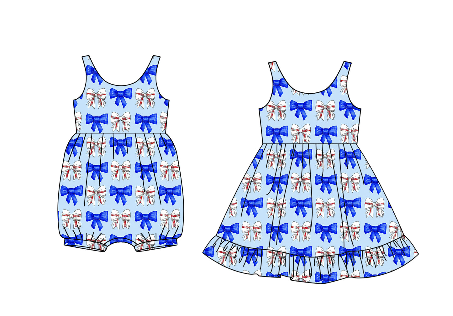 3.6(Custom Design Preorder MOQ 5 Each Design) Baseball Blue Bows Print Girls Summer Matching Clothes Sisters Wear