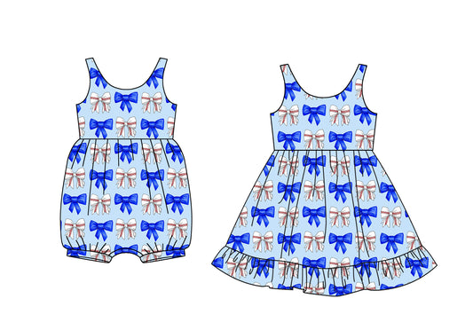 3.6(Custom Design Preorder MOQ 5 Each Design) Baseball Blue Bows Print Girls Summer Matching Clothes Sisters Wear