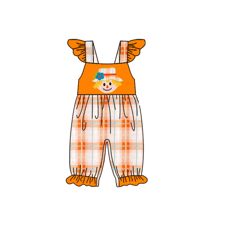 (Custom Design Preorder MOQ 5) Scarecrow Orange Plaid Print Girls Jumpsuits Baby Romper