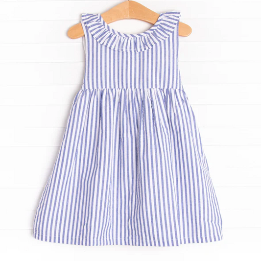 (Custom Design Preorder MOQ 5) Blue Stripes Print Girls Knee Length Summer Dress