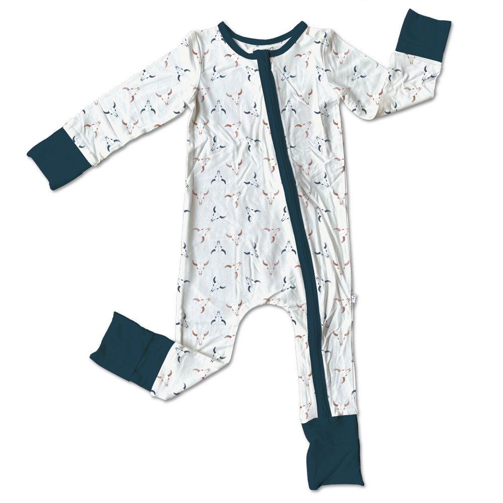 (Custom Design Preorder MOQ 5) Cow Skull Print Baby Boys Fall Bamboo Sleeper Zipper Romper