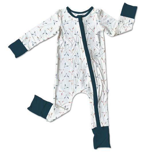 (Custom Design Preorder MOQ 5) Cow Skull Print Baby Boys Fall Bamboo Sleeper Zipper Romper