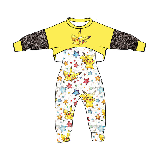 (Custom Design Preorder MOQ 5) Yellow Top Cartoon Animals Stars Jumpsuits Girls Fall Clothes Set