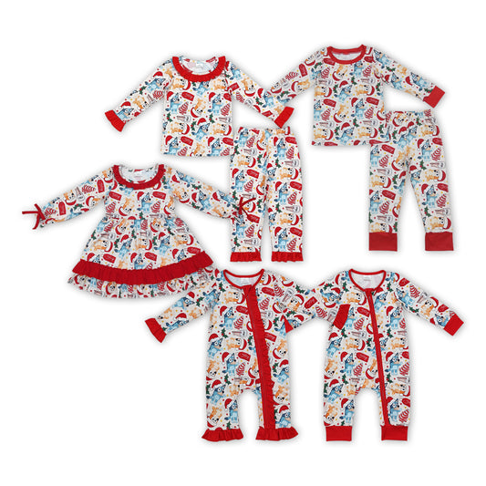 Cartoon Dog Milk Holly Print Sibling Christmas Matching Clothes