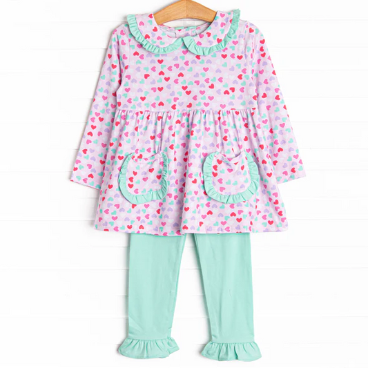 (Custom Design Preorder MOQ 5) Colorful Heart Pockets Tunic Top Green Pants Girls Valentine's Day Clothes Set
