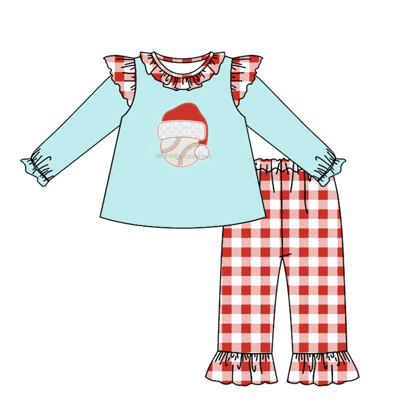 (Custom Design Preorder MOQ 5) Baseball Hat Blue Top Plaid Pants Girls Christmas Clothes Set