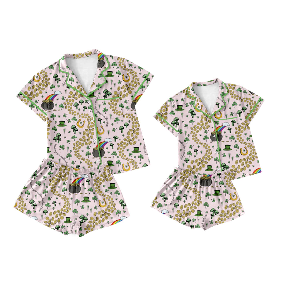 12.9(Custom Design Preorder MOQ 5 Each Design) Golden Rainbow Leaf Print Buttons Pajamas Sets Mom and Me St. Patrick's Day Matching Clothes