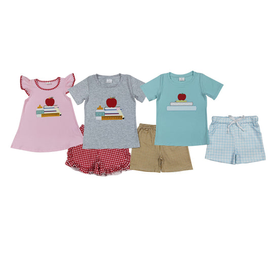 Book Apple Embroidery Top Plaid Shorts Kids Back to School Clothes Set Sibling Wear
