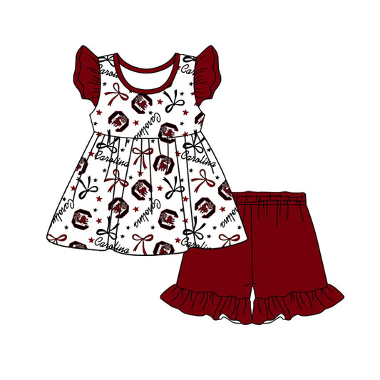 (Custom Design Preorder MOQ 5) Team's Gamecock Carolina Bows Top Wine Shorts Girls Summer Clothes Set
