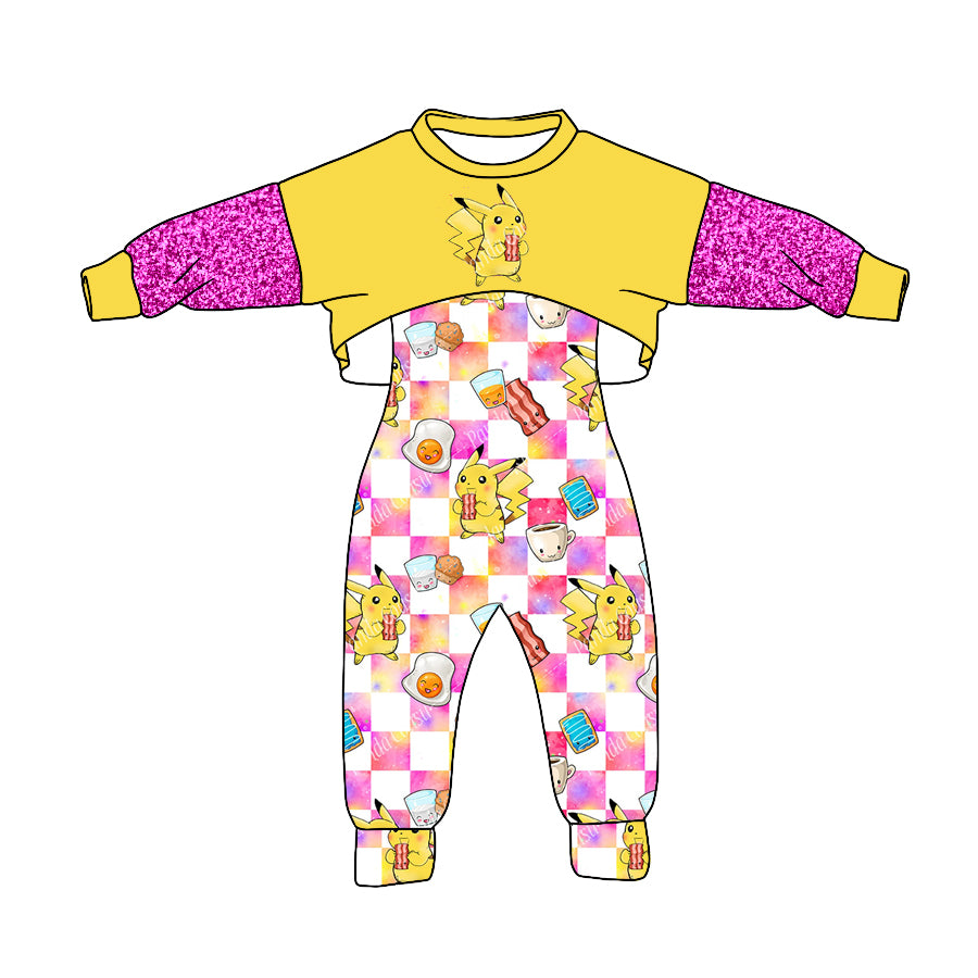 (Custom Design Preorder MOQ 5) Yellow Top Cartoon Animals Plaid Jumpsuits Girls Fall Clothes Set