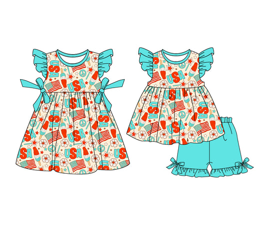 12.23 (Custom Design Preorder MOQ 5 Each Design) Popsicle Stars Flowers USA Blue Print Girls 4th of July Matching Clothes Sisters Wear