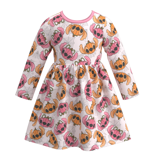 (Custom Design Preorder MOQ 5) Cartoon Pumpkin Print Girls Knee Length Halloween Dress