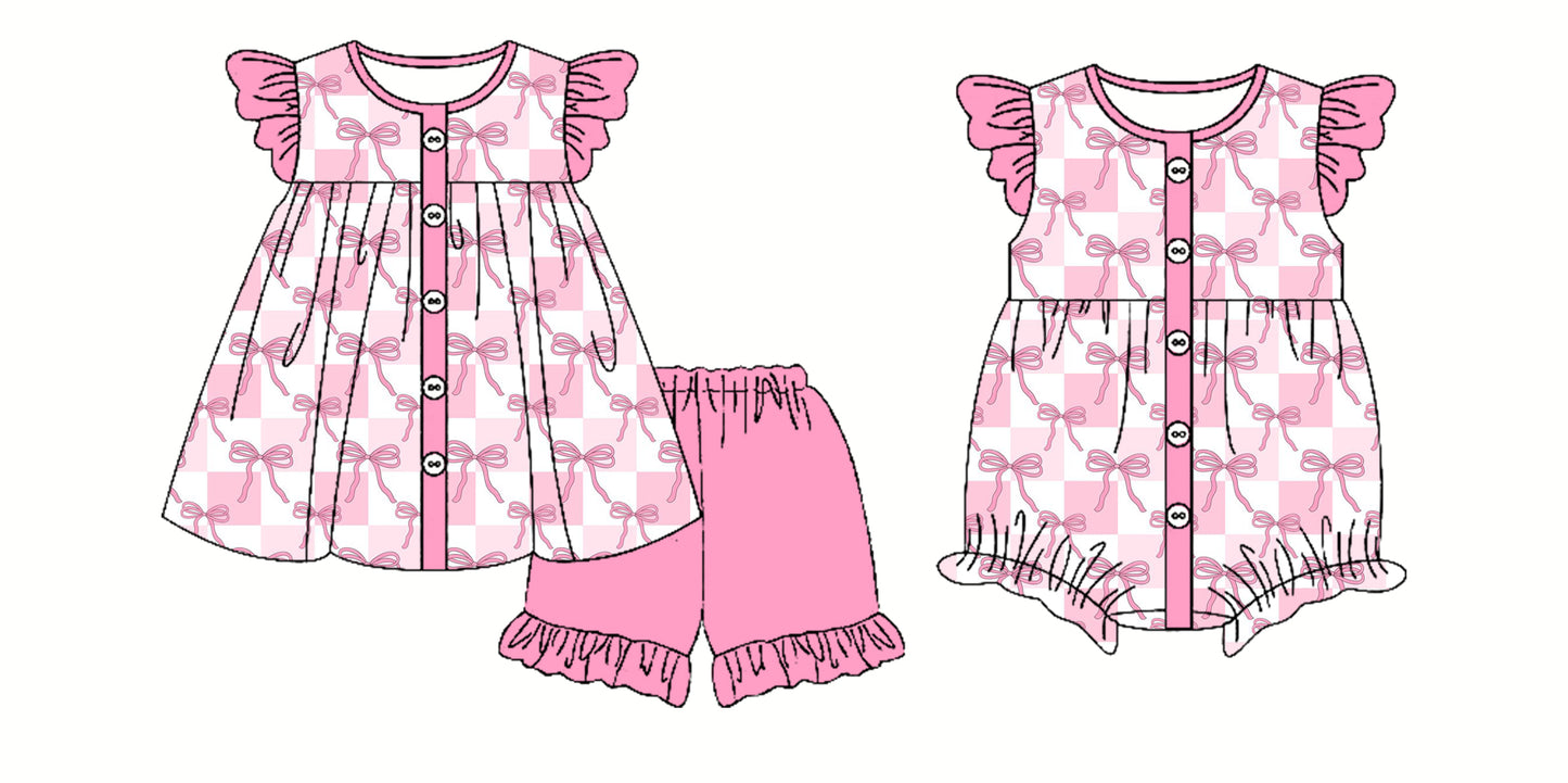 3.29(Custom Design Preorder MOQ 5 Each Design) Pink Bows Plaid Print Girls Summer Matching Clothes Sisters Wear
