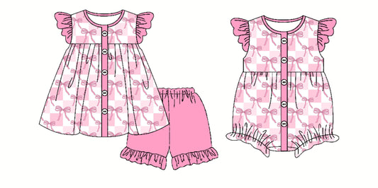 3.29(Custom Design Preorder MOQ 5 Each Design) Pink Bows Plaid Print Girls Summer Matching Clothes Sisters Wear