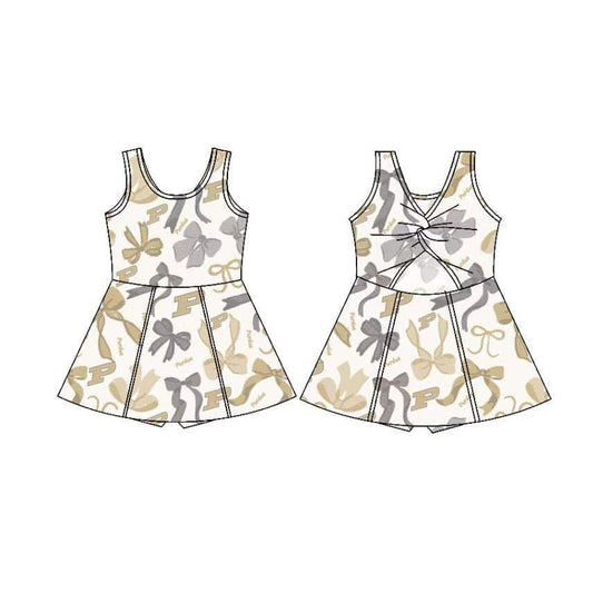 (Custom Design Preorder MOQ 5) Team's Purdue Khaki Grey Bows Print Shorts Skirts Girls Summer Yoga Dress