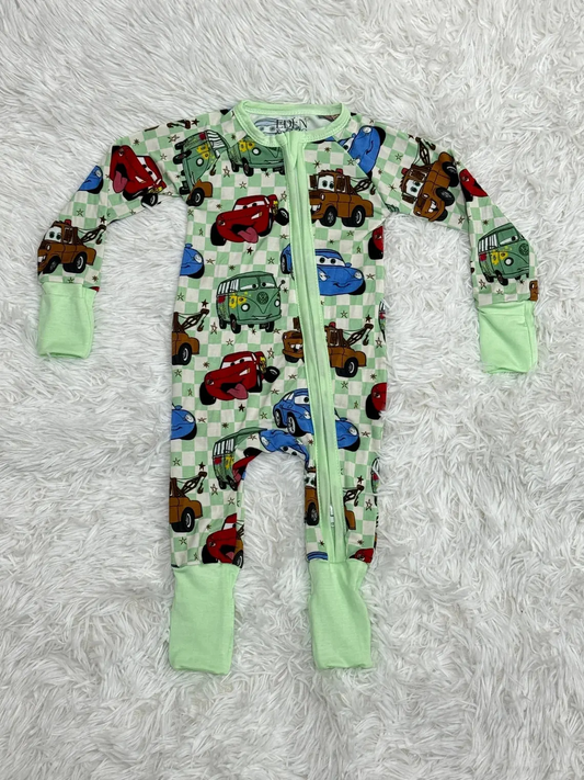 (Custom Design Preorder MOQ 5) Cartoon Cars Plaid Print Baby Long Sleeve Sleeper Zipper Romper