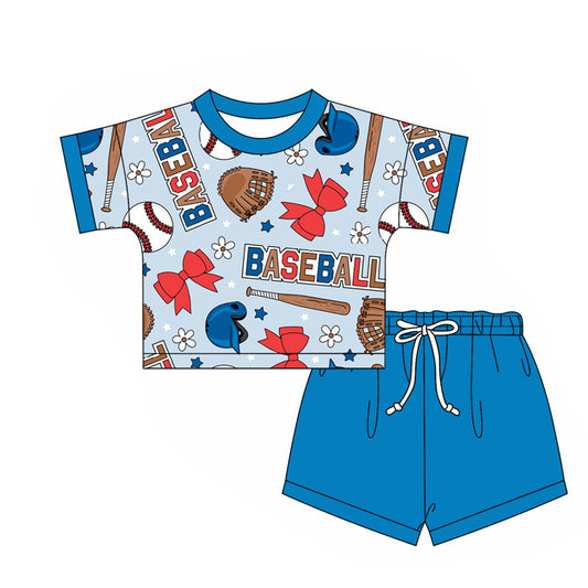 2.24(Custom Design Preorder MOQ 5) Baseball Flowers Top Blue Shorts Girls Summer Clothes Set