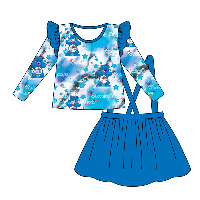 (Custom Design Preorder MOQ 5) Cartoon Bear Blue Top Overalls Dress Girls Fall Clothes Set