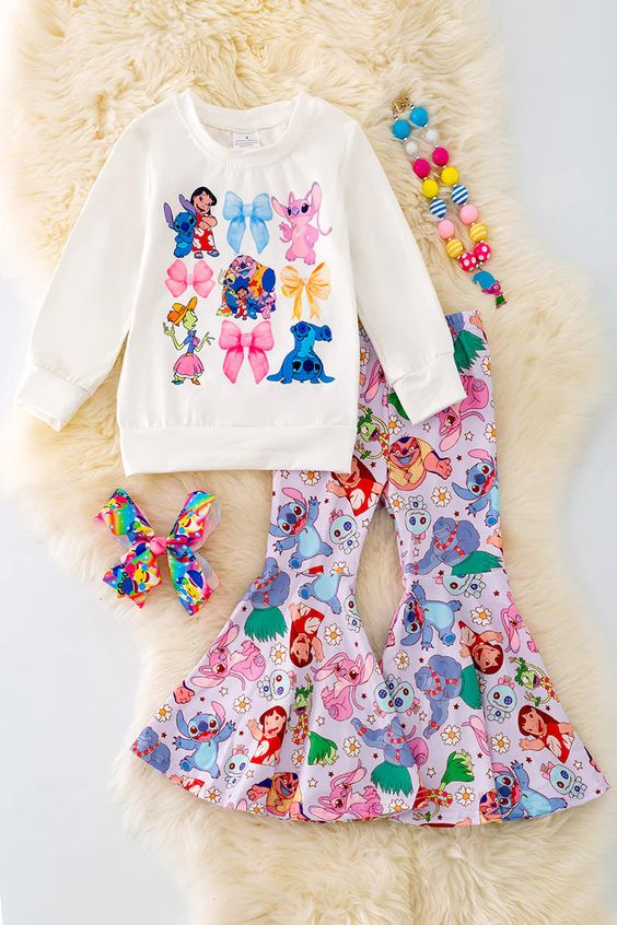 (Custom Design Preorder MOQ 5) Cartoon Animals Bows Print Bell Pants Girls Fall Clothes Set