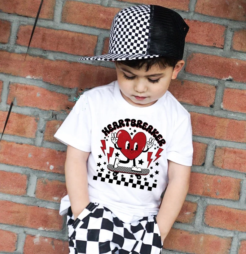 (Custom Design Preorder MOQ 5) Valentine Cute Heart Black Plaid Print Boys Clothes Set