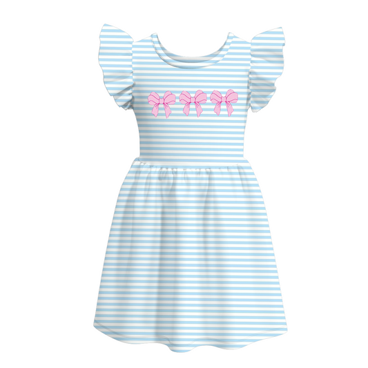 (Custom Design Preorder MOQ 5) Pink Bows Blue Stripes Print Girls Knee Length Summer Dress