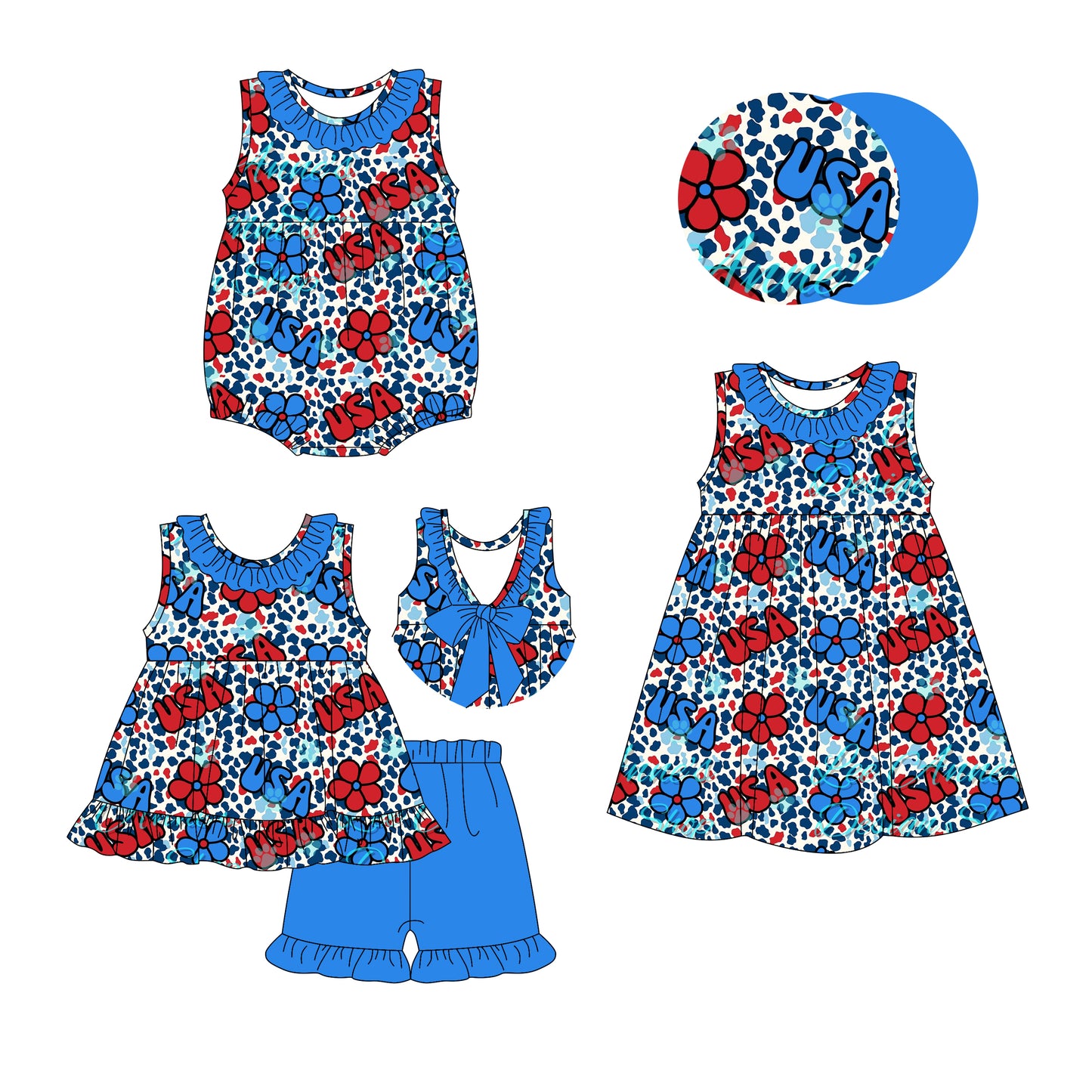 3.6(Custom Design Preorder MOQ 5 Each Design) Red Blue Flowers Leopard Print Girls 4th of July Matching Clothes Sisters Wear
