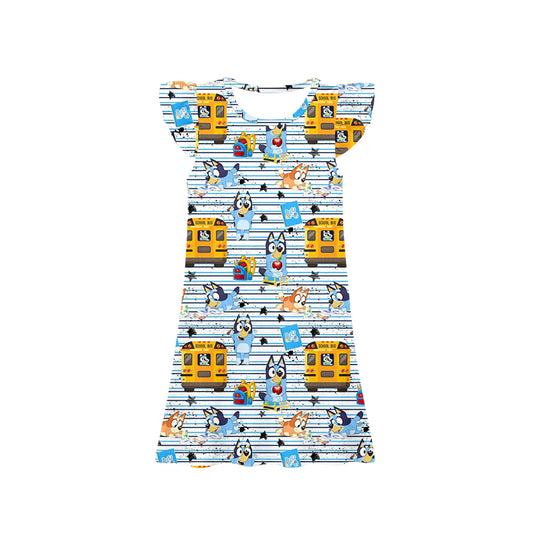 11.23(Custom Design Preorder MOQ 5) Cartoon Dog Bus Print Girls Flutter Sleeve Back to School Knee Length Dress