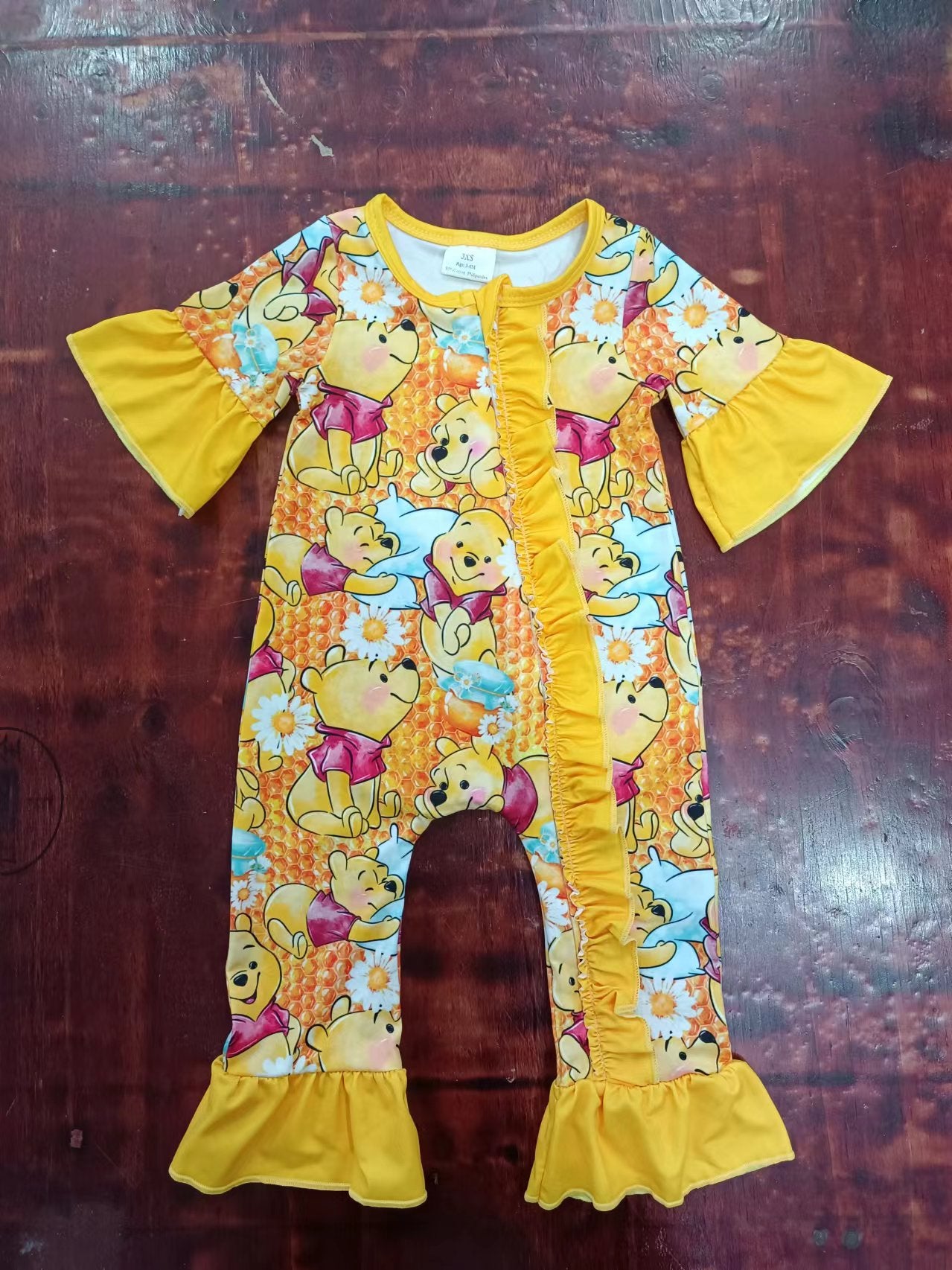 (Custom Design Preorder MOQ 5) Cartoon Bear Print Baby Girls Summer Zipper Romper
