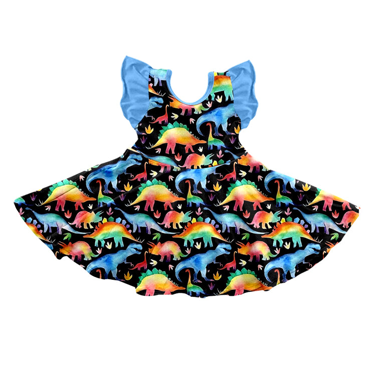 (Custom Design MOQ 5)Colorful Dinosaur Print Girls Knee Length Dress