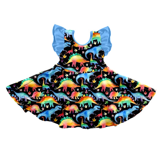 (Custom Design MOQ 5)Colorful Dinosaur Print Girls Knee Length Dress