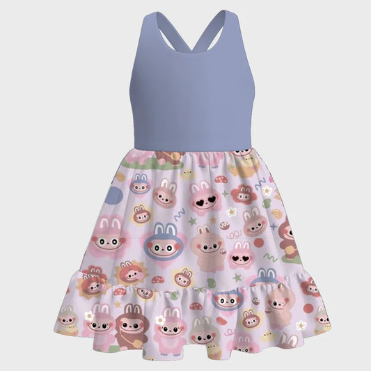 (Custom Design Preorder MOQ 5) Cartoon Animals Flowers Print Girls Summer Knee Length Dress