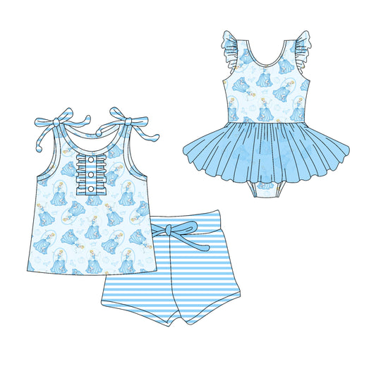 3.10(Custom Design Preorder MOQ 5 Each Design) Cartoon Princess Blue Print Girls Summer Matching Clothes Sisters Wear
