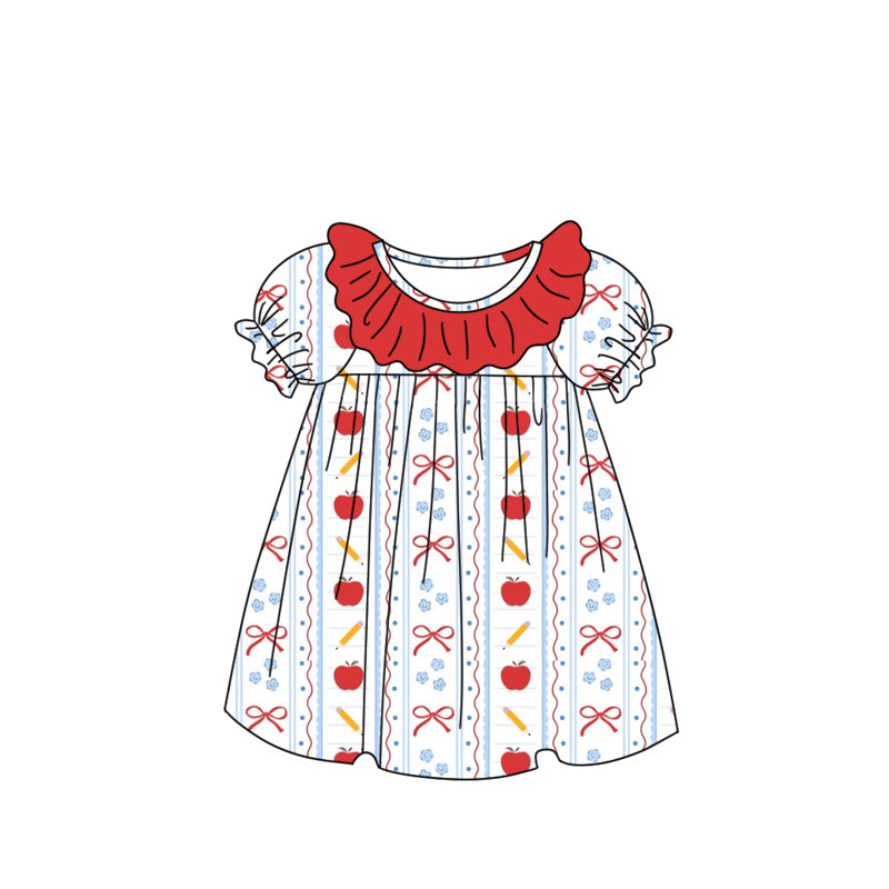 (Custom Design Preorder MOQ 5 Each Item) Apple Pen Bows Print Girls Back to School Knee Length Dress Sisters Wear