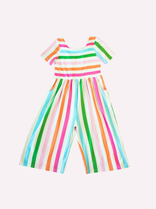 (Custom Design Preorder MOQ 5) Colorful Stripes Print Pockets Girls Swoop Back Short Sleeve Leggy Jumpsuits