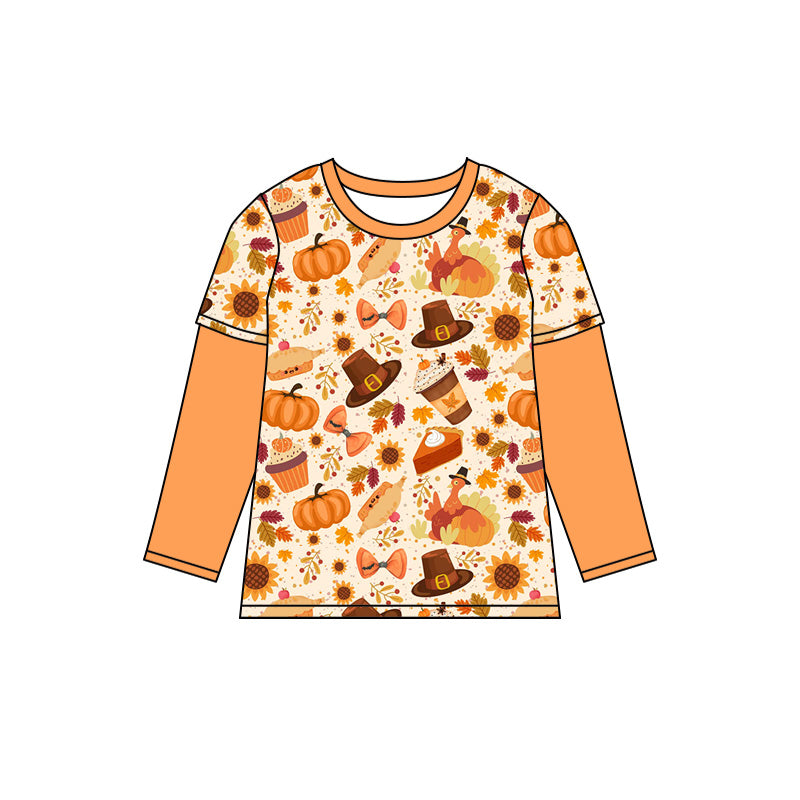 (Pre-order)BT0837 Turkey Pumpkin Pie Print Boys Fall Tee Shirts Top