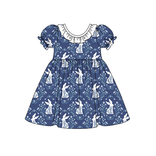 (Custom Design Preorder MOQ 5) Bunny Flowers Navy Print Girls Easter Knee Length Dress