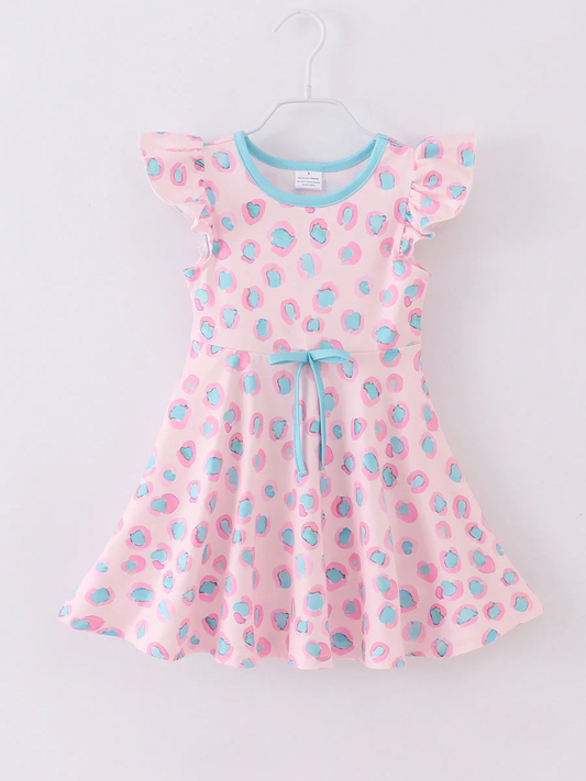 (Custom Design Preorder MOQ 5) Pink Blue Leopard Print Girls Knee Length Summer Dress