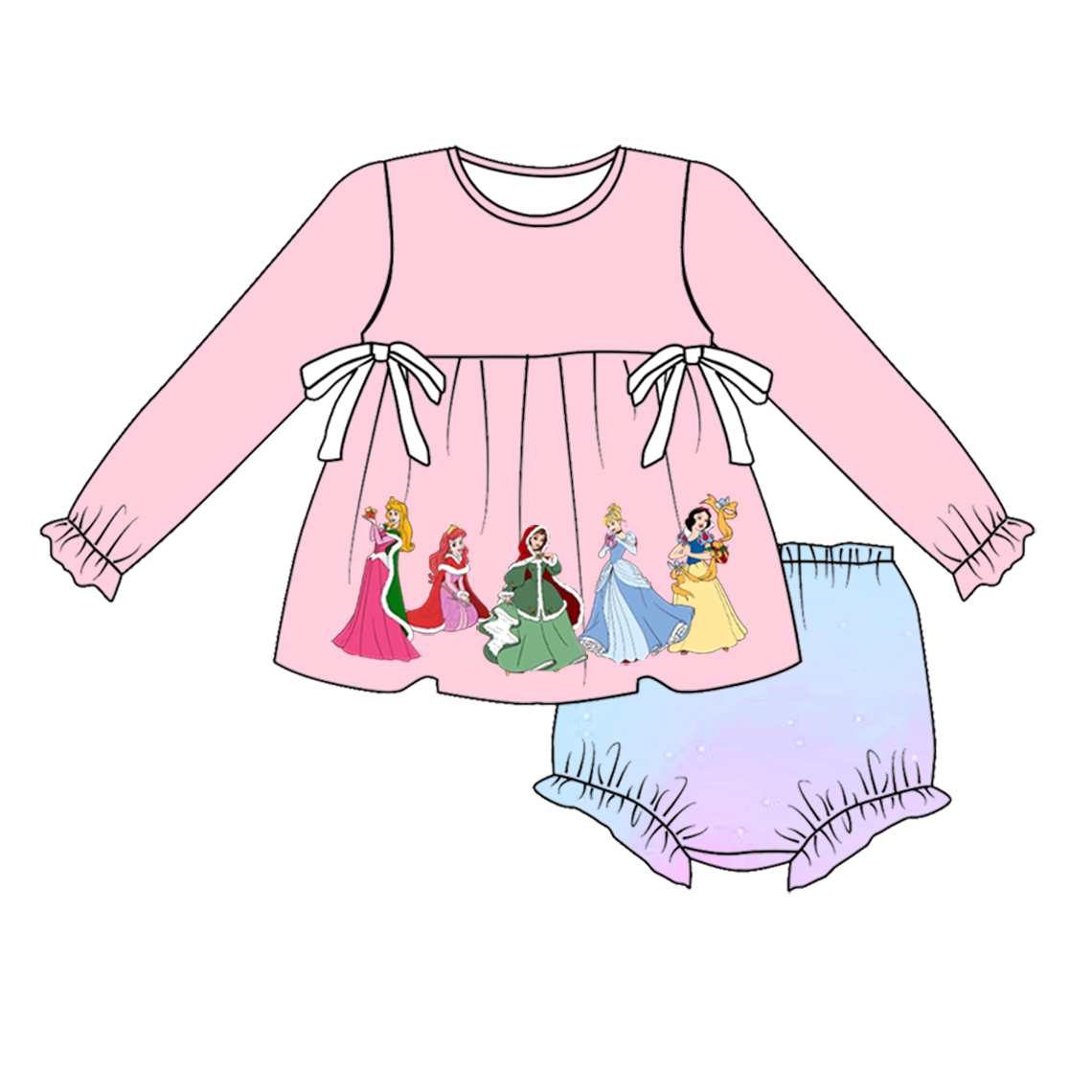 (Custom Design Preorder MOQ 5)  Cartoon Princess Pink Top Tie-dye Shorts Baby Girls Christmas Bummie Set