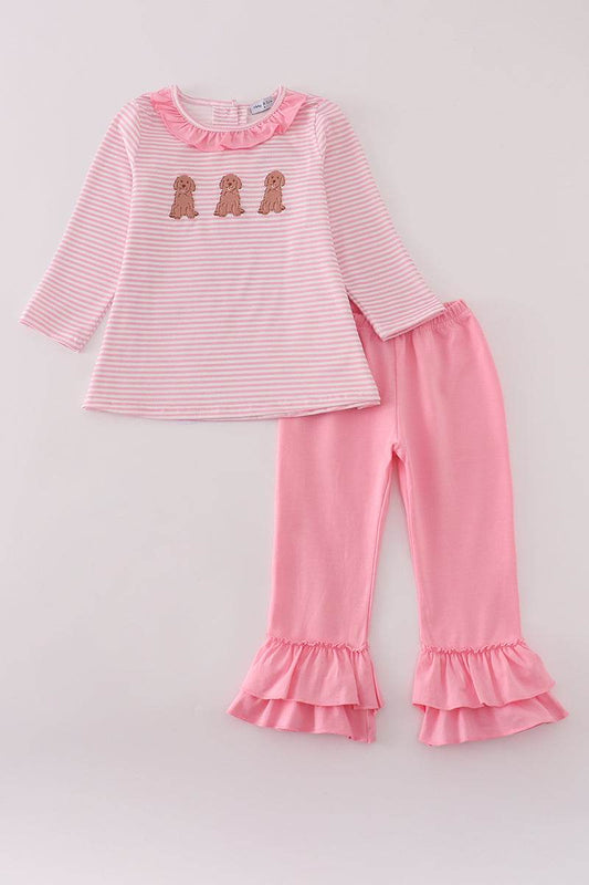 (Custom Design Preorder MOQ 5) Dog Stripes Top Pink Pants Girls Fall Clothes Set