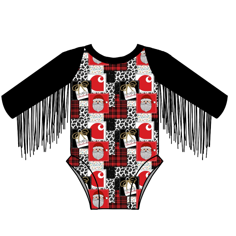 (Custom Design Preorder MOQ 5) Santa Tassels Print Baby Girls Christmas Western Romper