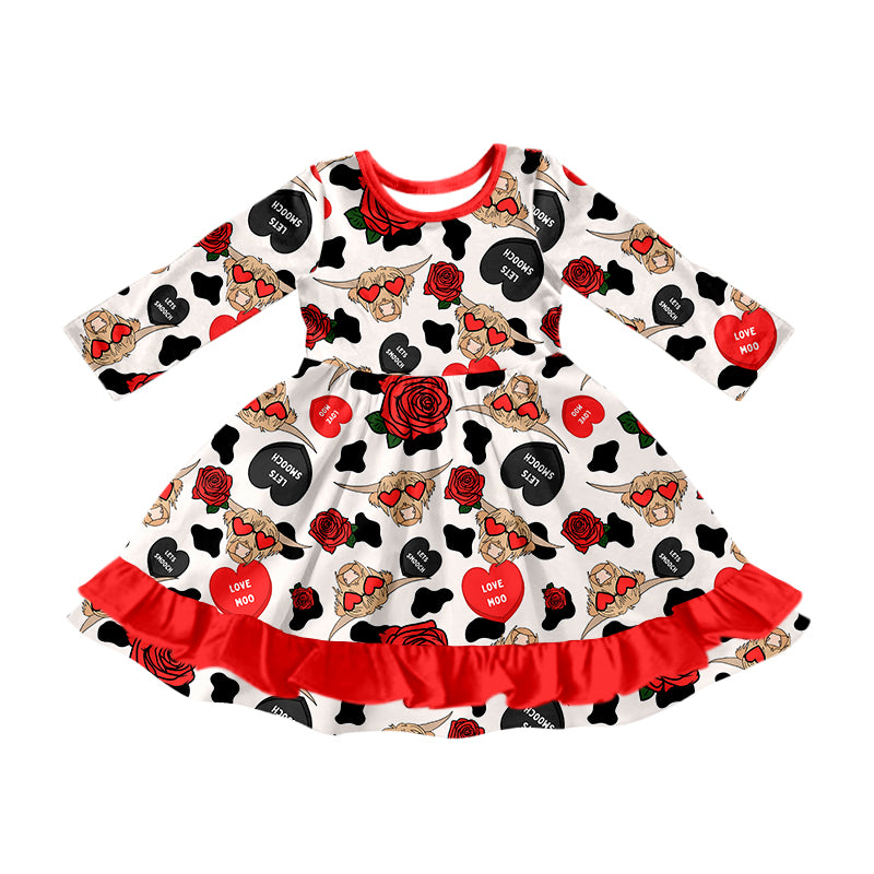 (Custom Design Preorder MOQ 5) Highland Cow Heart Print Girls Western Valentine's Day Knee Length Dress