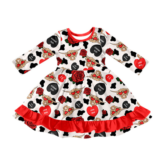 (Custom Design Preorder MOQ 5) Highland Cow Heart Print Girls Western Valentine's Day Knee Length Dress