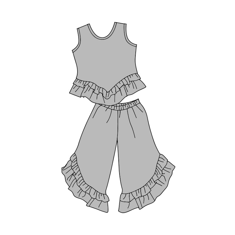 (Custom Design Preorder MOQ 5) Grey Sleeveless Top Ruffles Pants Girls Clothes Set