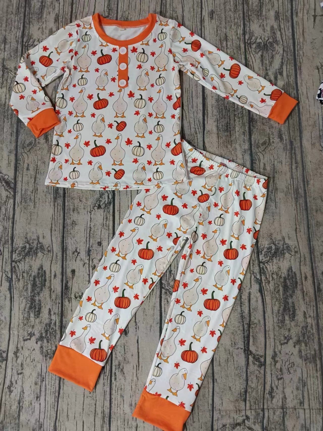 (Custom Design Preorder MOQ 5) Pumpkin Duck Print Girls Fall Pajamas Clothes Set