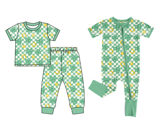 12.10(Custom Design Preorder MOQ 5 Each Design) Leaf Green Plaid Print Kids St. Patrick's Day Pajamas Matching Clothes Brothers Wear