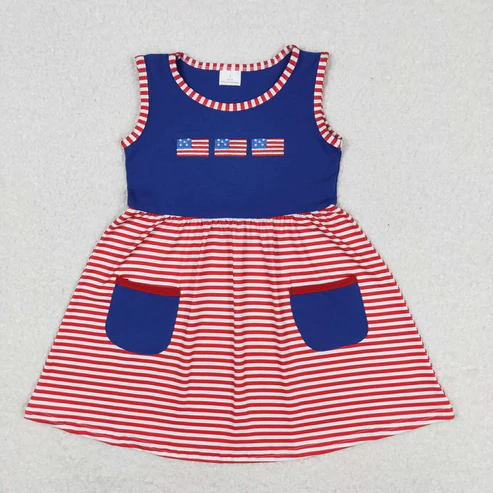Flags Embroidery Red Stripes Print Sibling 4th of July Matching Clothes