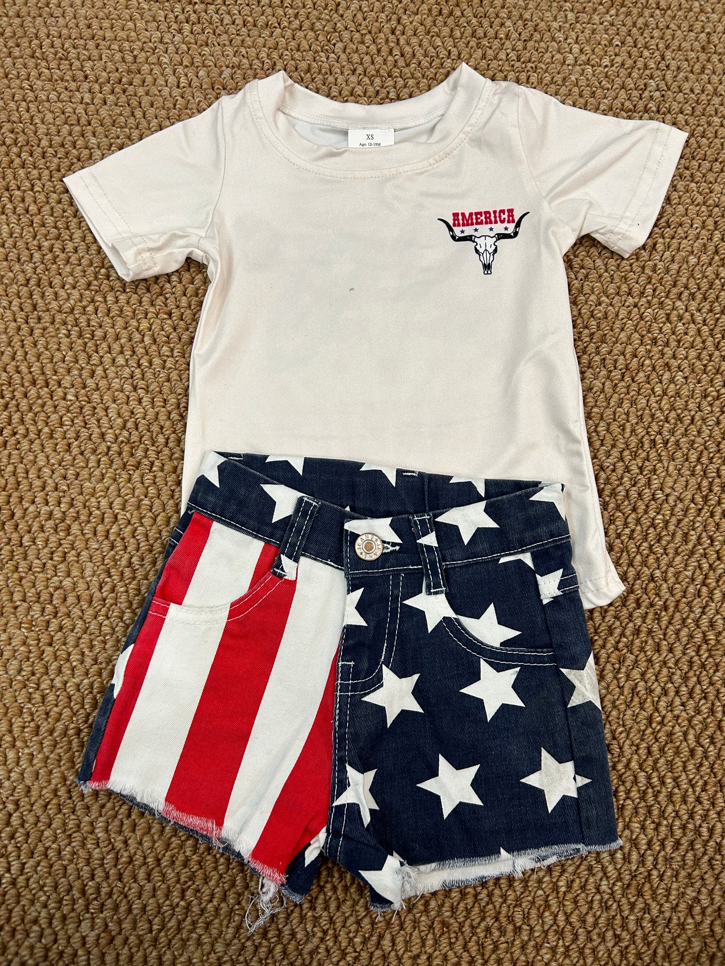 GT0465+SS0168+GB0007 Cow Skull America Top Star Red Stripes Denim Shorts Girls 3 Pieces 4th of July Outfits